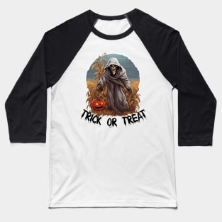 Grim Reaper In A Cornfield - Trick Or Treat (Black Lettering) Baseball T-Shirt